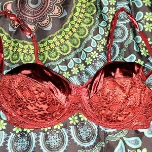 'Rumours' Vintage Deep Red Sexy Satin with Pattern Stitching Padded Bra 36C